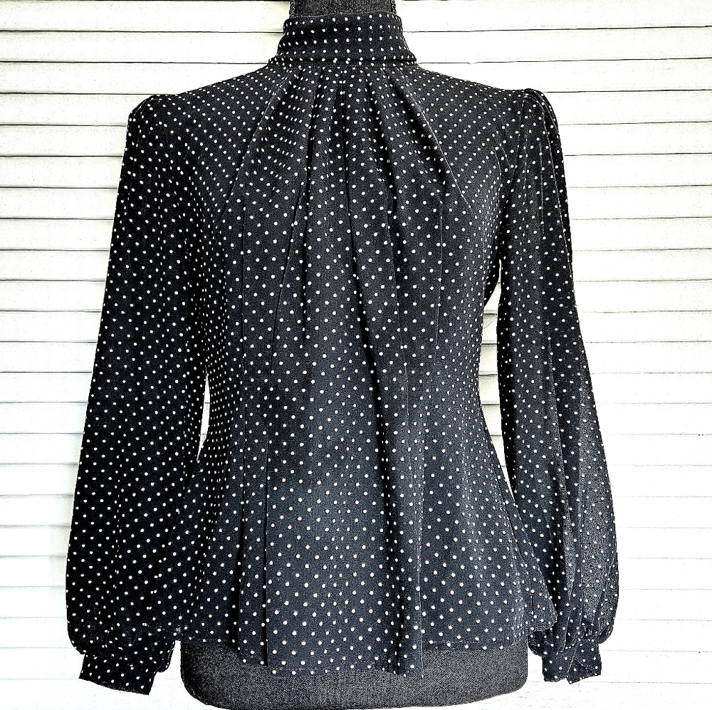 Vintage 80s Victorian Corporate Goth Mockneck Micro Polka Dot Black Blouse Sz S